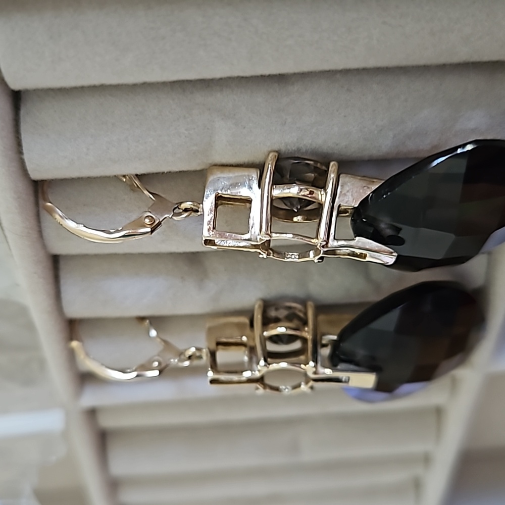 Vintage Smokey Topaz Diamond Accent Gold Drop Earrings - Picture 7 of 8